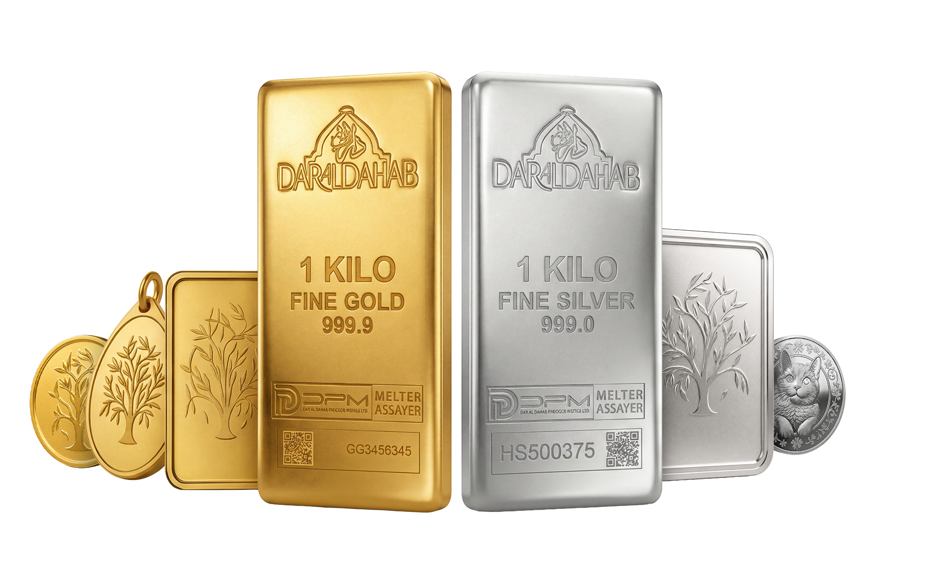 Dar Al Dahab premium bullion collection — gold and silver kilo bars, coins, oval and minted bars